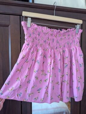 Bubble Gum Pink Mini Skirt Floral Print Elastic Waist Flowy Large/XL